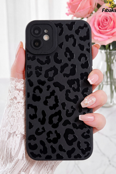 Fibaks iPhone 11 Kılıf Mat Siyah Hologramlı Leopar Desenli Kamera Korumalı Yu...