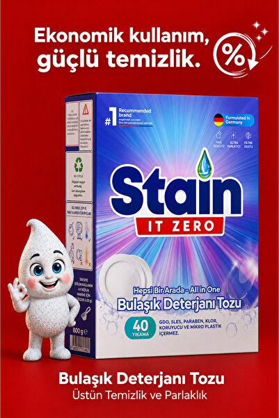 Stain İt Zero Hepsi Bir Arada Toz Bulaşık Makinesi Deterjanı 40 Yıkama