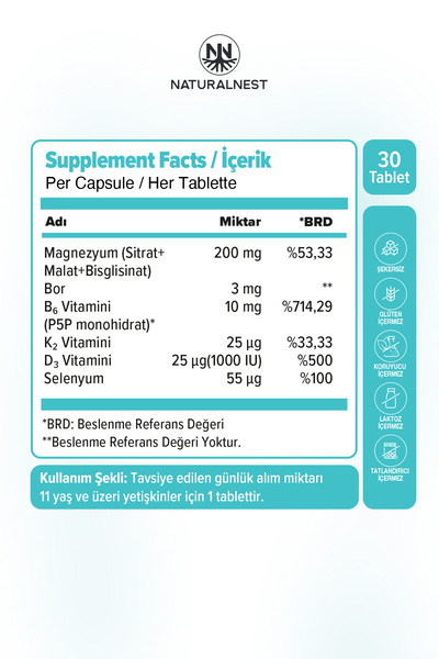 Naturalnest Magnezyum Plus 200 Mg 30 Tablet - Bisiglinat - Malat - Sitrat - B6 - P5P + BOR