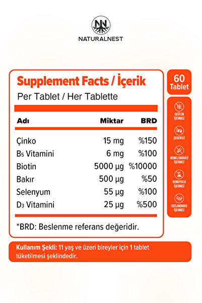 Naturalnest Biotin Complex 5.000 mcg 60 Tablet - Biyotin, Çinko, Selenyum, Bakır, B5, D3 Vitamini