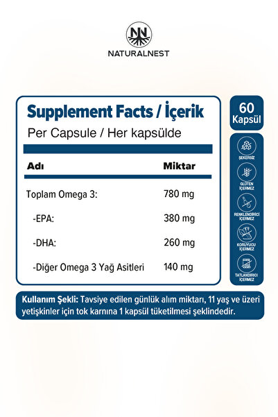 Naturalnest Omega 3 780 mg - 380 mg EPA - 260 DHA 60 Kapsül