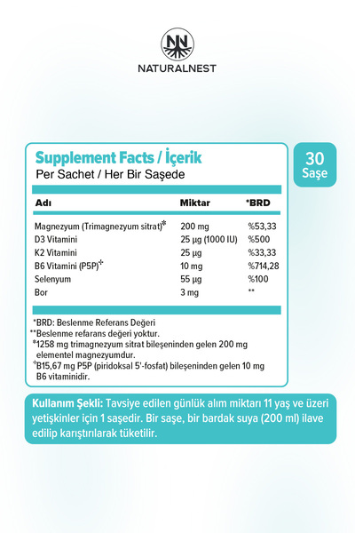 Naturalnest Magnezyum Plus 200 mg 30 Saşe- Sitrat, D3 K2, Bor, Selenyum