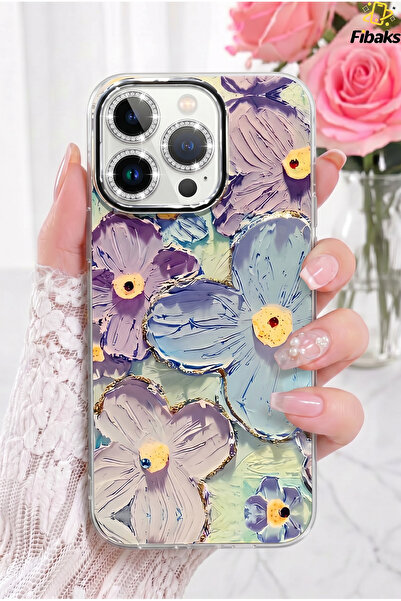 Fibaks iPhone 16 Pro Max Kılıf Renk Değiştiren Taşlı Kamera Lens Korumalı Mav...