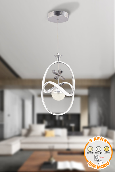 Dekorluna Leon Krom 3 Renk Işık Özellikli Modern Sarkıt Led Avize Salon Mutfa...