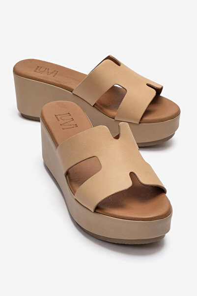 LuviShoes Papuci de damă LIA din piele naturală din piele bej închisă cu toc ...