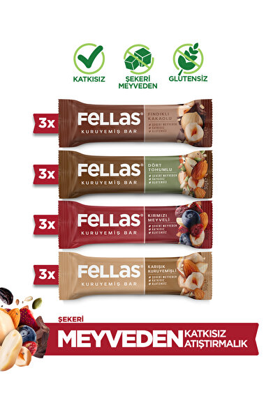 Fellas Kuruyemiş Bar (30 g) Karma Kutu - 12 Adet (4 Çeşit)