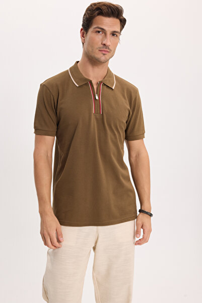 Tudors Erkek Slim Fit Dar Kesim %100 Pamuk Kısa Kollu Yarım Fermuarlı Vizon P...