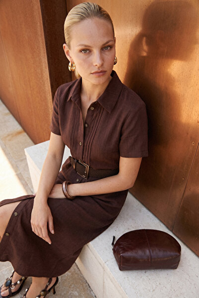 Trendyol Collection Brown Belted Buttoned Midi Woven Shirt Dress Twoss26El00976
