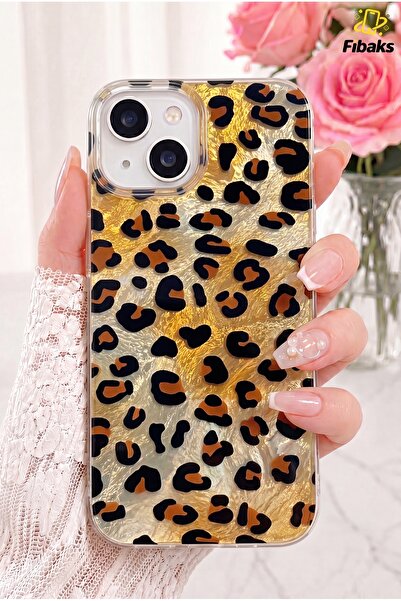 Fibaks iPhone 13/14/15 Kılıf Hologramlı Kahverengi Leopar Desenli Darbe Emici...
