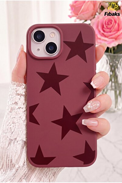 Fibaks iPhone 15/14/13 Kılıf Bordo Yıldız Star Desenli Silikon Darbe Emici Kl...