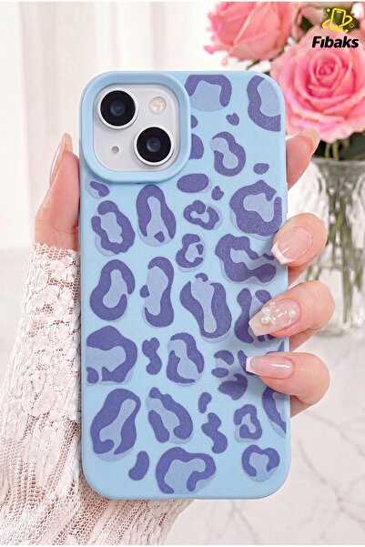 Fibaks iPhone 13-14-15 Kılıf Mavi Leopar Şık Tasarımlı Premium İnce Soft Silikon