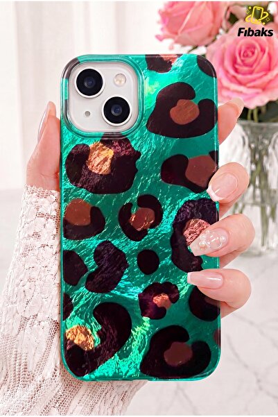 Fibaks iPhone 13/14/15 Kılıf Hologramlı Mavi Leopar Desenli Darbe Emici Kamer...