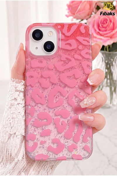 Fibaks iPhone 13 / 14 / 15 Kılıf Işıltılı Şeffaf Simli Pembe Leopar Desenli P...