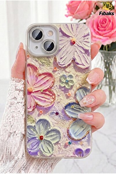 Fibaks iPhone 13 Kılıf Renk Değiştiren Taşlı Kamera Lens Korumalı Pembe Çiçek...