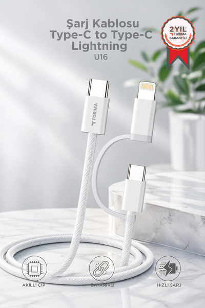 Torima Şarj Kablosu Type-C to Type-C Lightning Hızlı 65W 2IN1 Data Kablo U16 ...