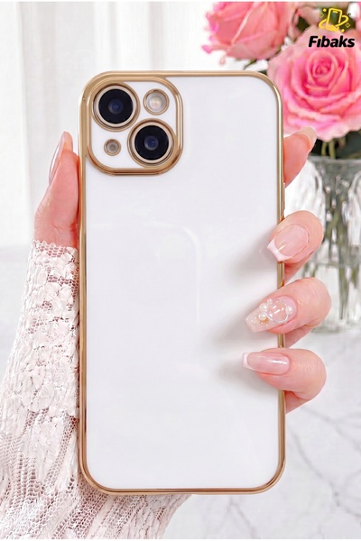Fibaks iPhone 13 Kılıf Parlak Kenarlı Altın Işlemeli Kamera Korumalı Kapak Beyaz