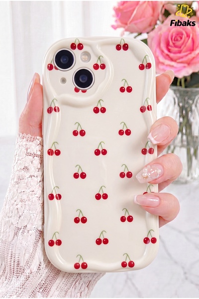 Fibaks iPhone 13/14 Kılıf Kamera Korumalı Dalga Kenarlı Kiraz Desenli Yumuşak...