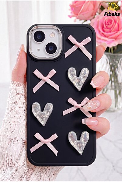 Fibaks iPhone 13/14 Kılıf Kamera Çıkıntılı Kalpli Fiyonk Desenli Siyah Yumuşa...