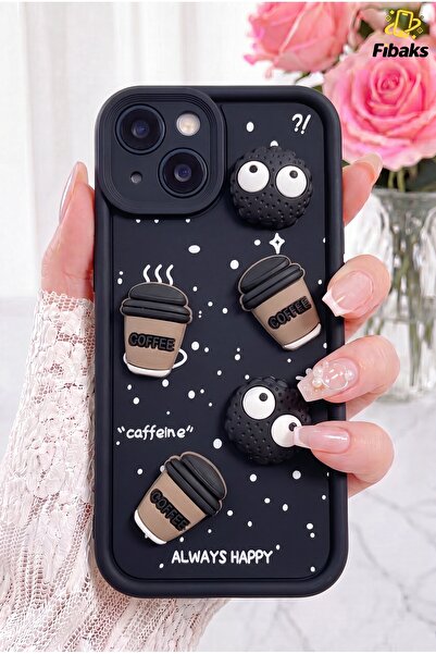 Fibaks iPhone 15 Kılıf Tasarımlı Desenli Kamera Korumalı Coffee Kurabiye Siya...