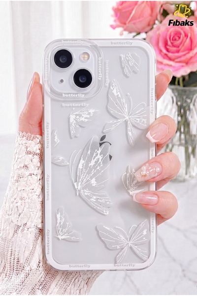 Fibaks iPhone 15 Kılıf Tasarımlı Desenli Kamera Korumalı Şeffaf Kelebek Esnek...