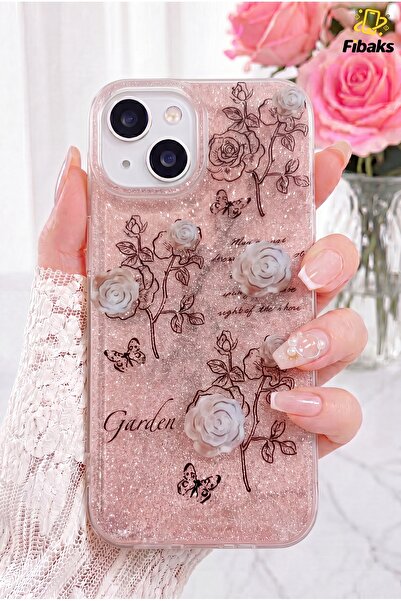 Fibaks iPhone 15 Kılıf Simli Beyaz Gül Desenli Renkli Parlak Darbe Emici Kapak