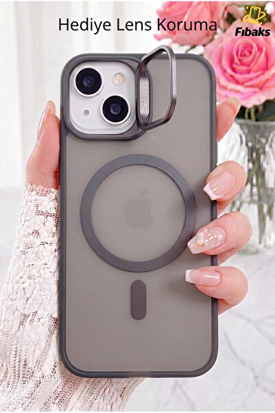 Fibaks iPhone 15 Kılıf Standlı Mat Magsafe Metal Tuşlu Kamera Lens Hediyeli W...