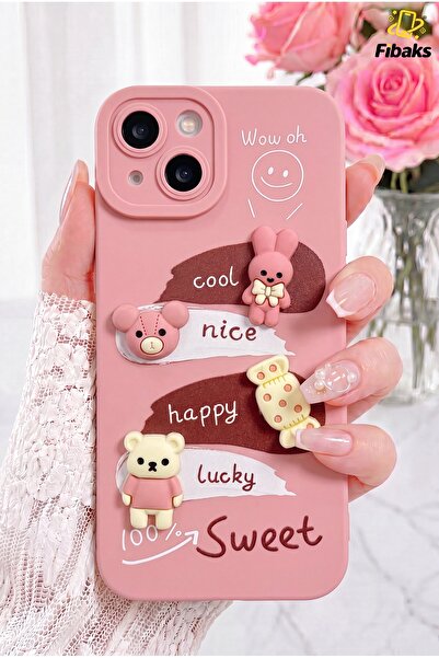 Fibaks iPhone 15 Kılıf Tasarımlı Desenli Kamera Korumalı Tavşan Pembe Yumuşak...