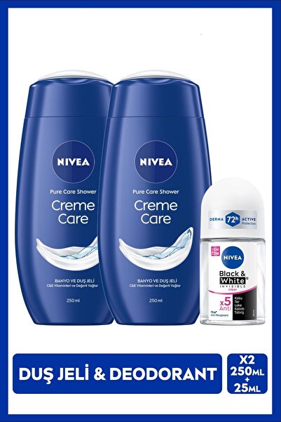 NIVEA Creme Care Duş Jeli 250ml X2 Adet ve Roll-on Deodorant Black&White Clea...