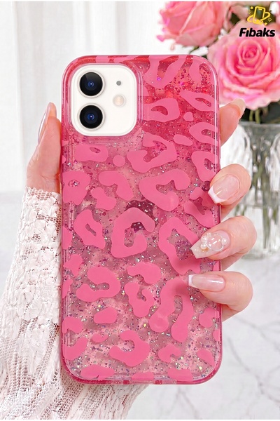 Fibaks iPhone 11 Kılıf Işıltılı Şeffaf Simli Pembe Leopar Desenli Premium Kam...