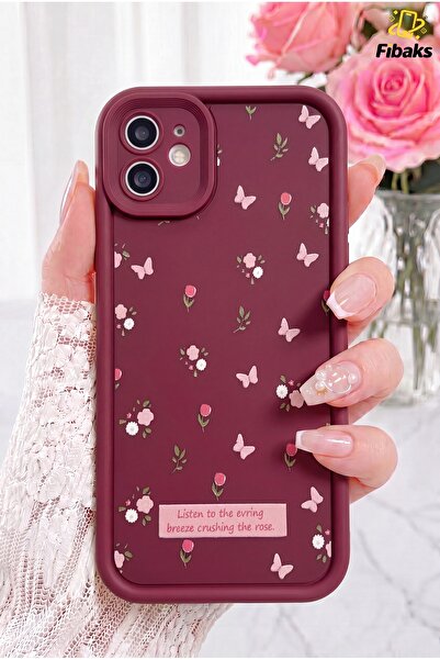 Fibaks iPhone 11 Kılıf Yumuşak Dokulu Kelebek ve Gül Desenli Yumuşak Kamera K...