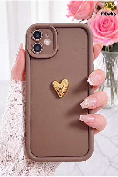 Fibaks iPhone 11 Kılıf 3d Kalp Tasarımlı Kahverengi Desenli Yumuşak Kamera Ko...