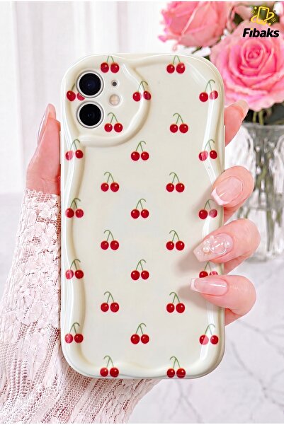 Fibaks iPhone 11 Kılıf Kamera Korumalı Dalga Kenarlı Kiraz Desenli Yumuşak Si...