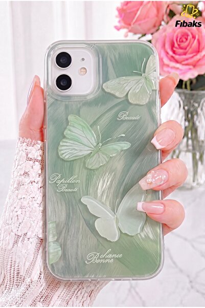 Fibaks iPhone 11 Kılıf Parlak Hologramlı Yeşil Kelebek Desenli Darbe Emici Ka...