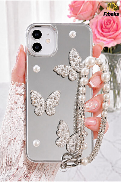 Fibaks iPhone 11 Kılıf Aynalı Charm Kelebek Askılı İnci Tasarımlı 3D Desenli ...