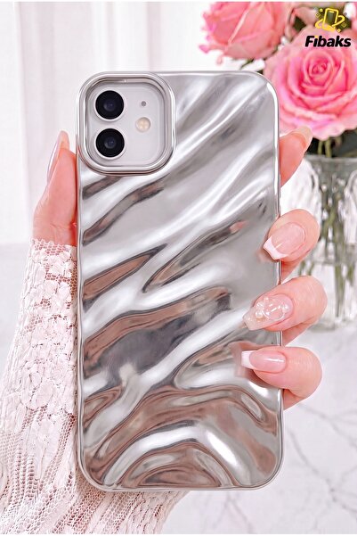 Fibaks iPhone 11 Kılıf Parlak Kabartmalı Dalga Tasarımlı Desenli Gümüş Darbe ...