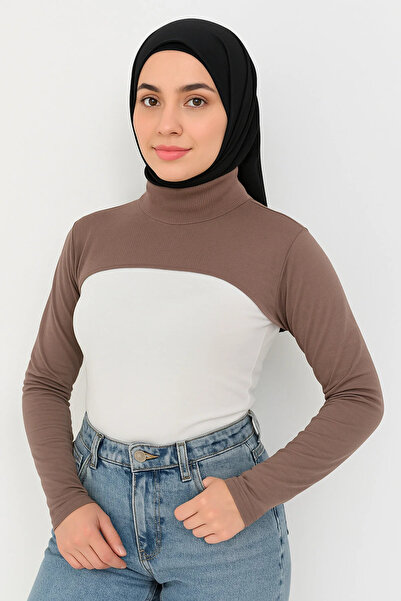mirach Brown Stand Collar Neck Collar Sleeves Combed Cotton Long Sleeve Hijab...