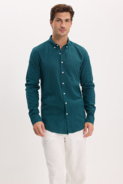 Tudors Ανδρικό πουκάμισο Slim Fit με κουμπιά, 100% βαμβακερό, πράσινο λινό Flam