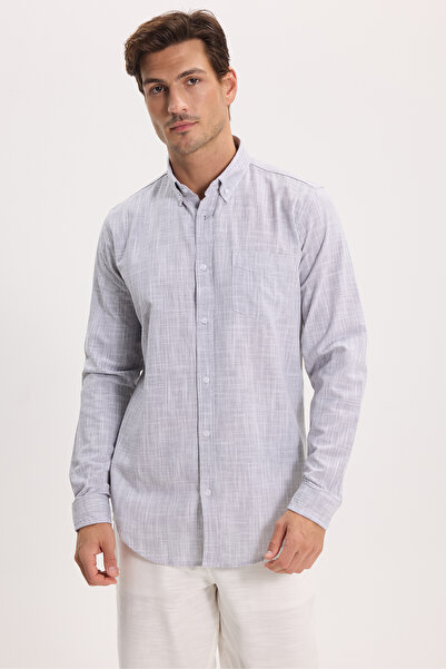 Tudors Erkek Slim Fit Dar Kesim Uzun Kollu %100 Pamuk Keten Efektli Düğmeli Y...