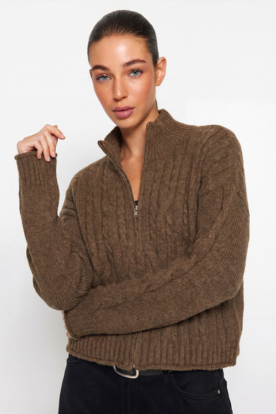 Trendyol Collection Brown Crop Soft Textured Zipper Hair Braided Knitwear Car...
