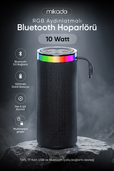 Mikado MD-6BT Wavion Siyah 10W 1200mAh BT/TF/USB/RGB Işıklı Speaker Hoparlör