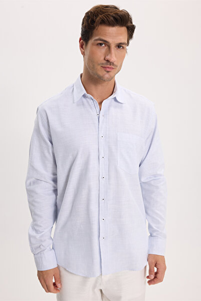 Tudors Erkek Regular Fit Klasik Kesim Oversize %100 Pamuk Keten Doku Mavi Gömlek