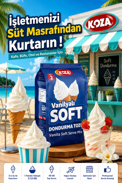 Koza Premium Soft Dondurma Tozu No2 Vanilyalı 3 Litre Su İle Hazırlanan Dondu...