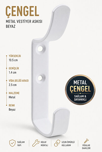 Badem10 Çengel Metal Portmanto Vestiyer Duvar Dolap Elbise Askısı Beyaz Mobil...