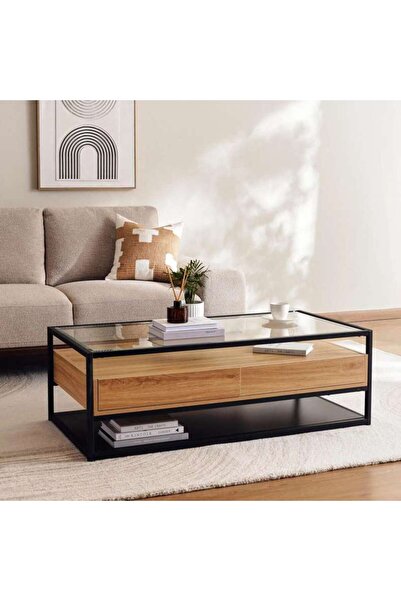PAN HOME Walter Coffee Table With 2 Drawer Melamine - Black Natural