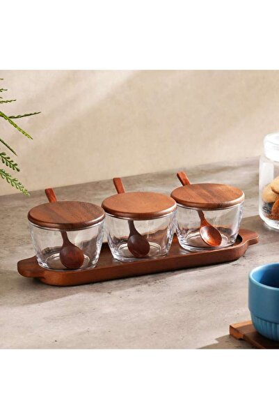 PAN HOME طقم توابل زجاجي من 3 قطع من بيلي مع صينية خشبية وغطاء وملعقة 33.8×10...