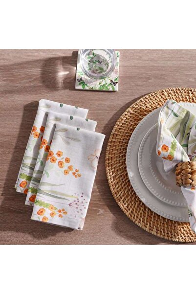 PAN HOME طقم مناديل مطرزة بتصميم الحديقة النباتية من 4 قطع مقاس 42×42 سم - أبيض