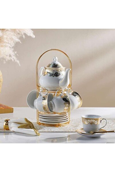 PAN HOME طقم شاي ريدا 14 قطعة - كوب 220 مل + إبريق 950 مل - أبيض وذهبي