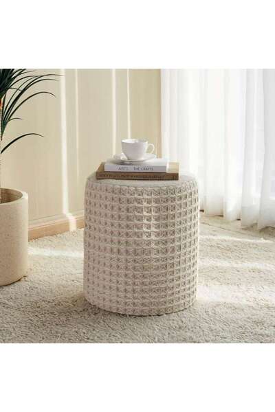 PAN HOME Cairo Woolen Waffle Pouf 40x40x45cm - Ivory
