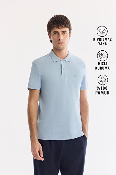 Avva Erkek Mavi Kıvrılmaz Polo Yaka %100 Pamuk Basic Regular Fit T-Shirt B001032