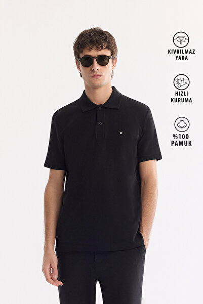 Avva Erkek Siyah Kıvrılmaz Polo Yaka %100 Pamuk Basic Regular Fit T-Shirt B00...